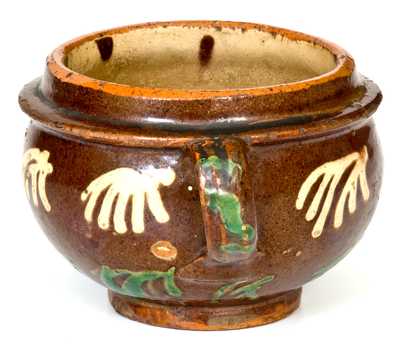 Very Rare Redware Sugar Bowl w/ Copper and White Slip Decoration, probably Hagerstown, MD, early 19th century