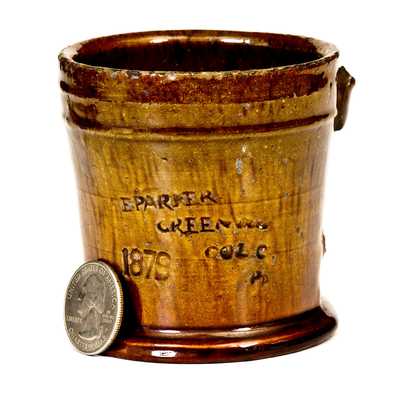 Very Rare Glazed Redware Mug, E PARKER / GREENWOOD / COL C / PA / 1879