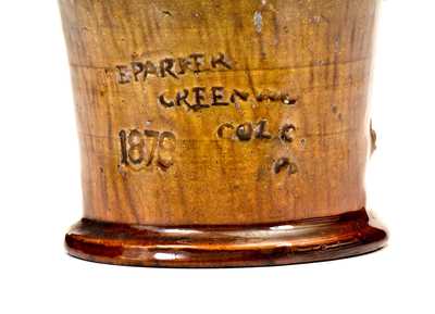 Very Rare Glazed Redware Mug, E PARKER / GREENWOOD / COL C / PA / 1879