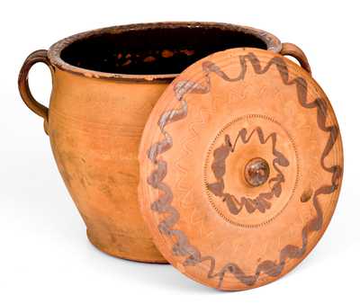 Very Rare Lidded Redware Jar with Manganese Decoration, Incised