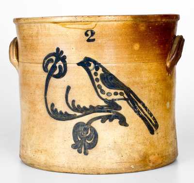 Two-Gallon Stoneware Crock with Cobalt Bird Decoration, New England origin, third quarter 19th century.