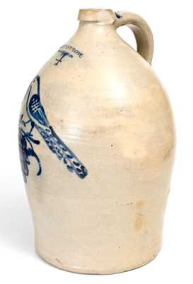 Exceptional COWDEN & WILCOX / HARRISBURG, PA Stoneware Jug w/ Cobalt Bird and Grapes Motif