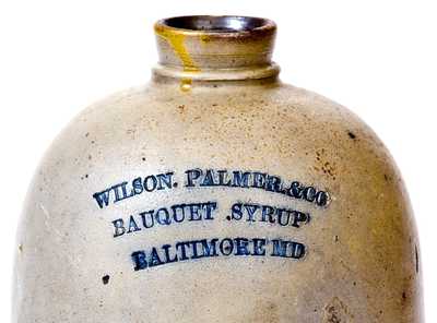 Extremely Rare Stoneware Bauquet Syrup Jug, Baltimore, MD origin, circa 1875