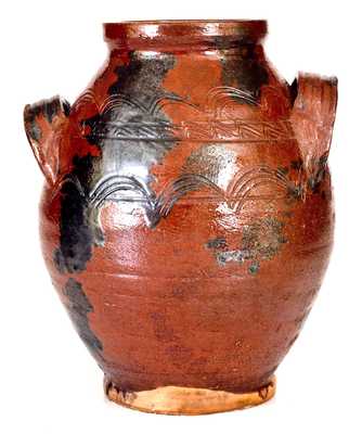 Very Rare Open-Handled Redware Jar with Incised Sine Wave Decoration, possibly Southwestern Virginia