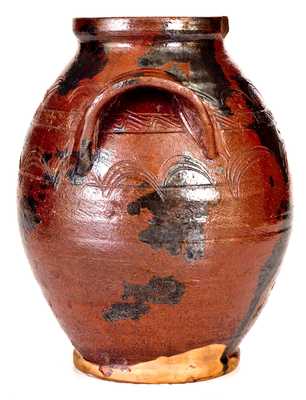 Very Rare Open-Handled Redware Jar with Incised Sine Wave Decoration, possibly Southwestern Virginia