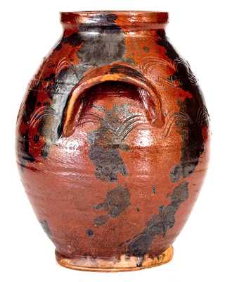Very Rare Open-Handled Redware Jar with Incised Sine Wave Decoration, possibly Southwestern Virginia