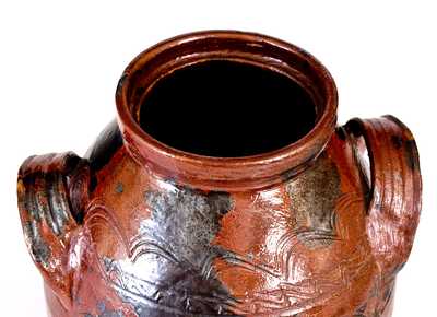 Very Rare Open-Handled Redware Jar with Incised Sine Wave Decoration, possibly Southwestern Virginia