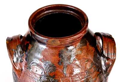 Very Rare Open-Handled Redware Jar with Incised Sine Wave Decoration, possibly Southwestern Virginia