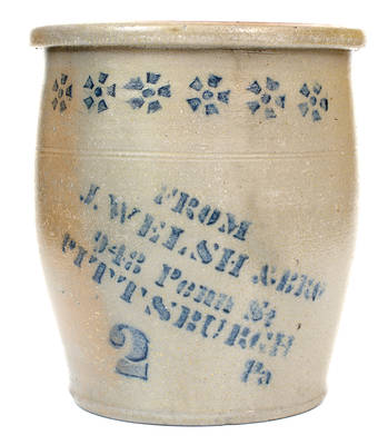 Two-Gallon Pittsburgh, PA Stoneware Advertising Jar w/ Stenciled Cobalt Pinwheel Decoration