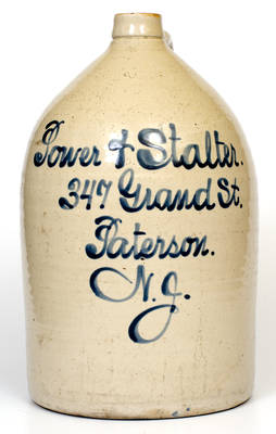 Four-Gallon Paterson, NJ Stoneware Advertising Jug, attrib. Fulper Pottery, Flemington