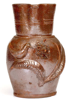 Rare Strasburg, VA Redware Pitcher w/ Applied Bird and Floral Design, probably Hickerson