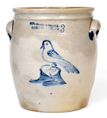 Three-Gallon COWDEN & WILCOX / HARRISBURG, PA Stoneware Jar w/ Cobalt Bird-on-Stump Decoration