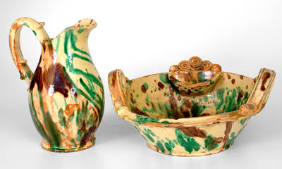 Shenandoah Valley Multi-Glazed Redware Pitcher and Bowl Set, Strasburg, VA, c1890