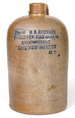 Very Rare EAST NEW MARKET, MD (Eastern Shore) Stoneware Advertising Jug, made in Baltimore