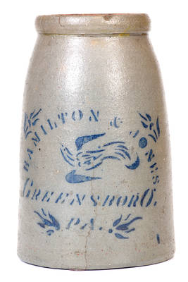 Hamilton & Jones / Greensboro, PA Stoneware Canning Jar w/ Stenciled Bird Decoration