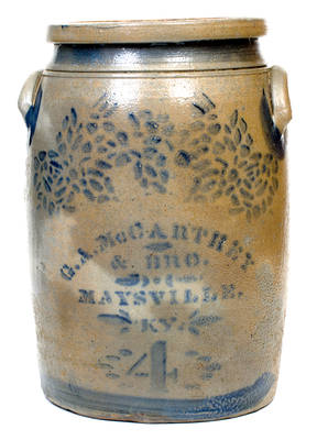 4 Gal. G. A. McCARTHEY & BRO. / MAYSVILLE, KY Stoneware Jar with Bold Stenciled Floral Decoration
