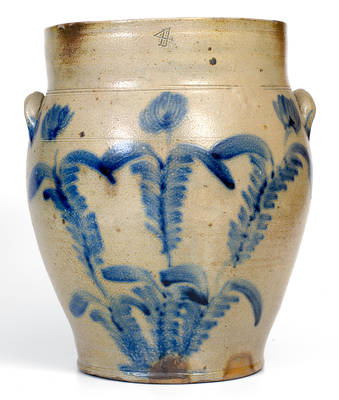 Unusual 4 Gal. Richard Remmey, Philadelphia, PA Stoneware Jar with Triple-Stem Floral Decoration