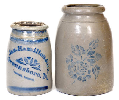 Lot of Two: Large-Sized Western PA Stoneware Canning Jar with Floral Decoration and Jas. Hamilton & Co. / Greensboro, PA Stoneware Canning Jar