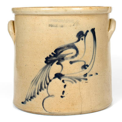 RIEDINGER & CAIRE / POUGHKEEPSIE, NY Stoneware Crock w/ Large Slip-Trailed Bird Design