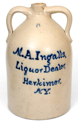 5 Gal. Double-Handled Stoneware Jug w/ Bold Herkimer, NY Advertising