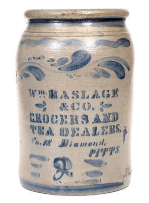 WM. HASLAGE & CO. / GROCERS AND TEA DEALERS Pittsburgh, PA Stoneware Advertising Jar