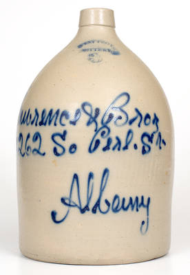 WEST TROY POTTERY Stoneware Jug w/ Script Albany, NY Advertising