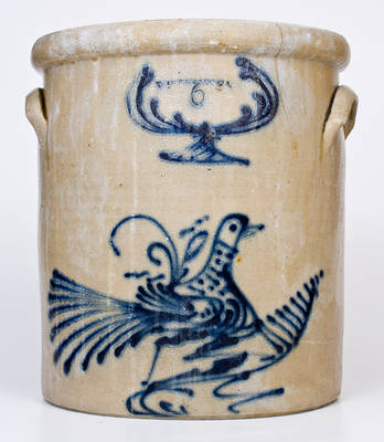 6 Gal. WHITES UTICA Stoneware Crock w/ Elaborate Slip-Trailed Bird Decoration