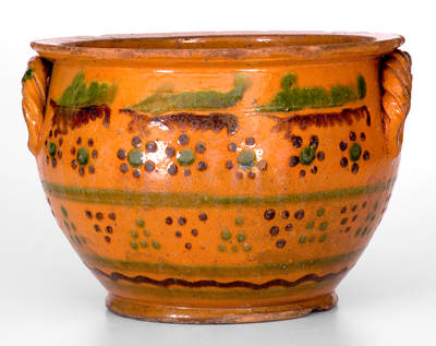 Exceptional Large-Sized Redware Sugar Bowl w/ Profuse Slip Decoration, probably Berks County, PA