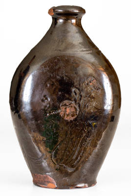 Outstanding Redware Flask w/ Incised Decorations incl. an African-American Figure, Fish and Bird: 