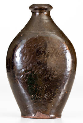 Outstanding Redware Flask w/ Incised Decorations incl. an African-American Figure, Fish and Bird: 