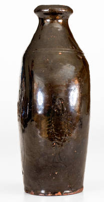 Outstanding Redware Flask w/ Incised Decorations incl. an African-American Figure, Fish and Bird: 