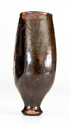 Outstanding Redware Flask w/ Incised Decorations incl. an African-American Figure, Fish and Bird: 