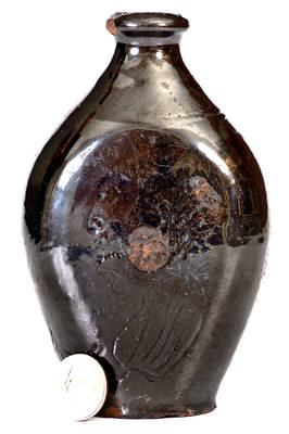 Outstanding Redware Flask w/ Incised Decorations incl. an African-American Figure, Fish and Bird: 