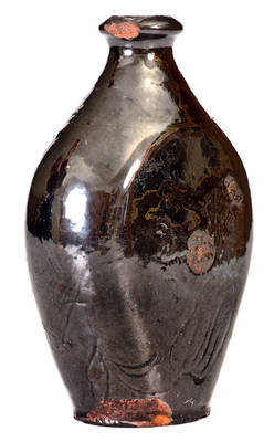 Outstanding Redware Flask w/ Incised Decorations incl. an African-American Figure, Fish and Bird: 