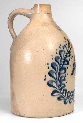Rare J.S. Taft / Keene, NH Stoneware Jug w/ Elaborate Bird-in-Wreath Design