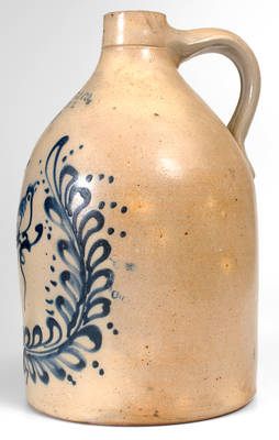 Rare J.S. Taft / Keene, NH Stoneware Jug w/ Elaborate Bird-in-Wreath Design