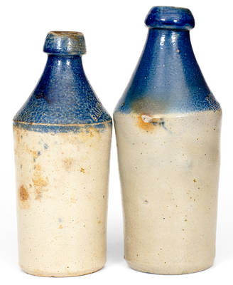 Lot of Two: Stoneware Bottles with Cobalt Dip and Impressed Advertising