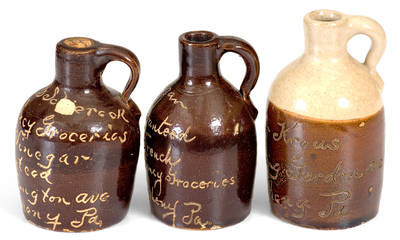 Three Miniature Stoneware Jugs with Alleghany, PA Advertising