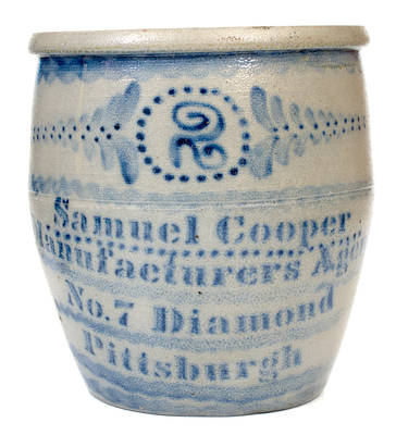 Fine Two-Gallon Pittsburgh, PA Stoneware Advertising Jar with Profuse Cobalt Decoration