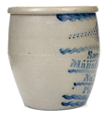 Fine Two-Gallon Pittsburgh, PA Stoneware Advertising Jar with Profuse Cobalt Decoration