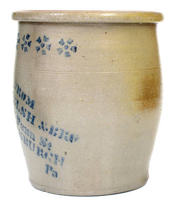 Two-Gallon Pittsburgh, PA Stoneware Advertising Jar w/ Stenciled Cobalt Pinwheel Decoration