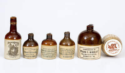 Six Stoneware Miniatures with Pittsburgh, PA Advertising