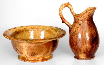 Extremely Rare Adam Kern Shenandoah Valley Redware Pitcher and Bowl Set (Winchester, VA or Thurmont, MD)