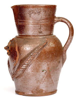 Rare Strasburg, VA Redware Pitcher w/ Applied Bird and Floral Design, probably Hickerson