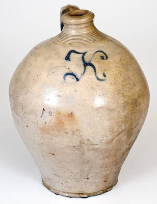 Extremely Rare New Jersey Stoneware Jug w/ Cobalt Letter "K," possibly Kemple Pottery, Ringoes