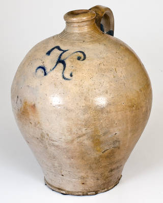 Extremely Rare New Jersey Stoneware Jug w/ Cobalt Letter "K," possibly Kemple Pottery, Ringoes