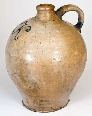 Extremely Rare New Jersey Stoneware Jug w/ Cobalt Letter "K," possibly Kemple Pottery, Ringoes