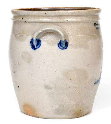 Three-Gallon COWDEN & WILCOX / HARRISBURG, PA Stoneware Jar w/ Cobalt Bird-on-Stump Decoration