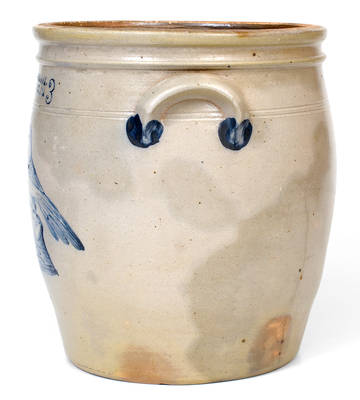 Three-Gallon COWDEN & WILCOX / HARRISBURG, PA Stoneware Jar w/ Cobalt Bird-on-Stump Decoration