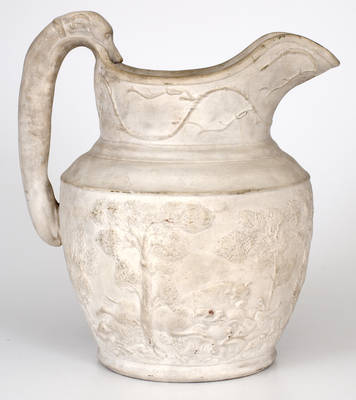 Rare Large-Sized Stoneware Hunt Scene Pitcher, probably NJ origin, mid 19th century